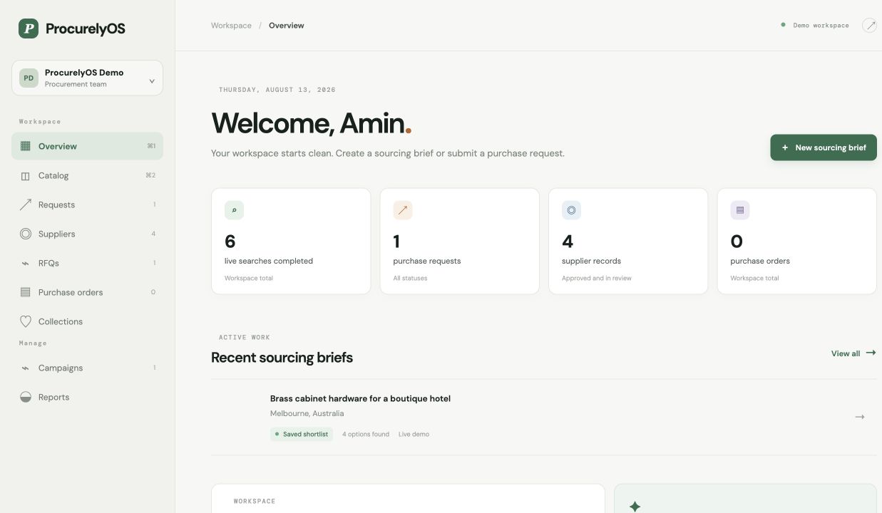 ProcurelyOS workspace overview with saved sourcing brief